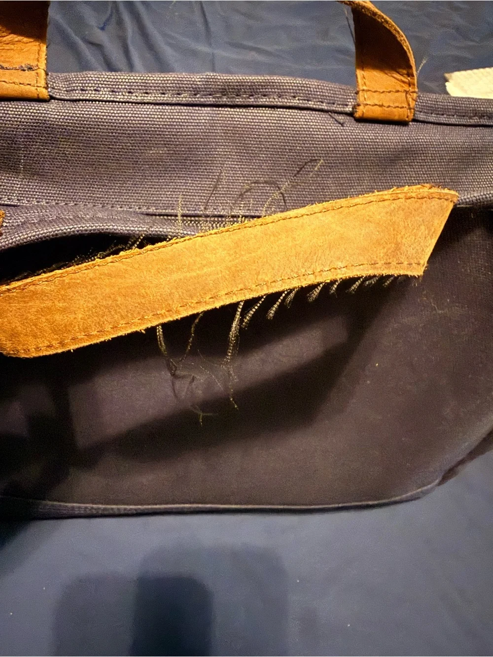 LL Bean Canvas Utility Tote Bag in Navy with Leather Trim